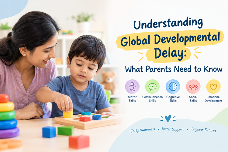 Understanding global developmental delay in children, with a caregiver helping a young child develop motor, communication, cognitive, social, and emotional skills through play.